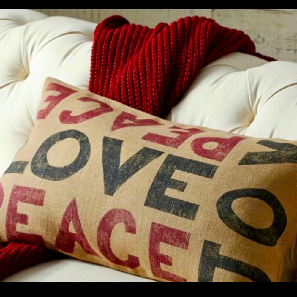 Pottery Barn NWT Holiday Christmas Peace Love Pillow Cover Red Green Burlap